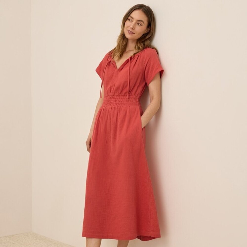 NWT Pact - Coastal Double Gauze Boho Midi Dress - Small - Kumquat